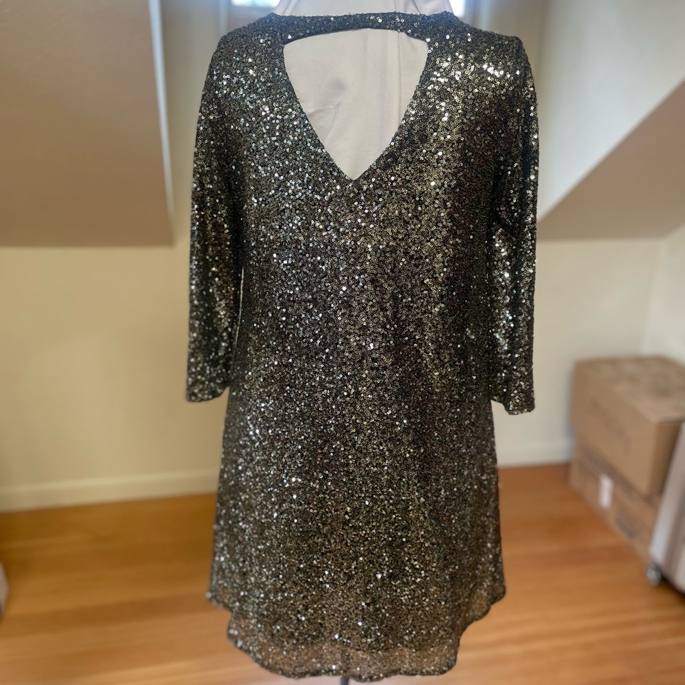 Gold A-Line Dress with back cutout and 3/4 sleeves